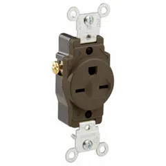 Single general-purpose receptacle rated 15 A at 250 V AC. NEMA 6-15 configuration with 2 poles and 3 wires including ground. Brown finish. Suitable for powering equipment requiring a 250 V supply in industrial and commercial settings.