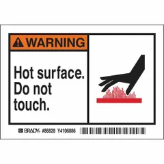 Polyester adhesive sign warning of hot surface. Each sign measures 3 1/2 in x 5 in nominal size, 0.01 in thick. Not retroreflective or glow-in-the-dark. Supplied as a 5-pack for mounting on equipment, pipes, or machinery where burn hazards exist.