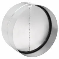 Round backdraft damper with 6 in nominal duct diameter, butterfly blade type, and double panel foam construction. Designed for vertical airflow direction to prevent reverse airflow in ventilation systems