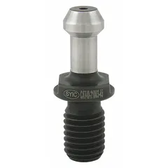 This coolant-through CAT retention knob is designed for CAT40 taper tooling, featuring a 45° angle and 0.59-inch diameter. It enables cutting fluid delivery through the tool holder to aid chip evacuation and cooling during machining operations. Manufactured to ISO standards.
