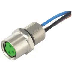 M8 female front mounting receptacle for signal and low-power applications. 3-pin, A-coded, with 0.5 m wire lead. PP construction, IP67 rated. Suitable for sensor connections and control systems in industrial environments.