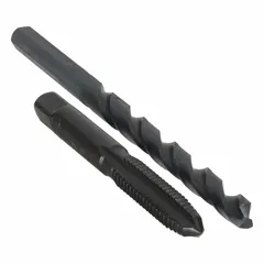 This 2-piece set includes a 1/4"-20 plug tap and a #7 drill bit for creating threaded holes in metal. The tap features a straight flute design for chip evacuation during hand tapping operations. Commonly used in maintenance, fabrication, and installation work.