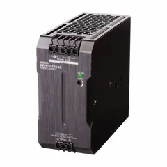 Single-phase DIN rail mount DC power supply with metal housing. Accepts 100 to 240 V AC input and delivers 240 W rated output power at 5 A. Suitable for powering control panels, automation systems, sensors, PLCs, and relays in industrial environments.