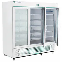 Upright medical and laboratory refrigerator with 72 cu ft capacity, white finish, and swing glass door. Operates at 1°C to 10°C using R-290 refrigerant. Features left-and-right door opening and temperature alarm. Overall depth 34 in. Suitable for storage of pharmaceuticals, vaccines, and lab samples requiring controlled temperature.