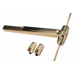 Brass surface vertical rod exit device with thumbpiece pull and touchbar. Designed for doors up to 3 ft wide, providing surface-mounted vertical rod latching for secure egress in commercial and industrial applications.