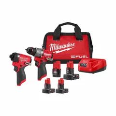 This 2-tool kit includes a 12 V cordless hammer drill and impact driver, with battery included. The hammer drill is suited for drilling into masonry, while the impact driver handles screw and bolt fastening. Typical applications include electrical, plumbing, and general construction work in confined spaces.