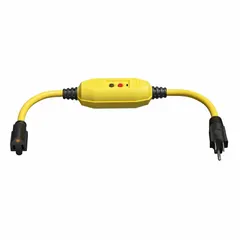 This inline GFCI cord provides ground-fault protection for connected equipment. It is 2 1/2 ft long with 12/3 gauge wire, rated 15 A at 125V AC. Features a NEMA 5-15P plug and 5-15R receptacle with auto reset. Suitable for power tools, pumps, and outdoor equipment in wet or damp environments.