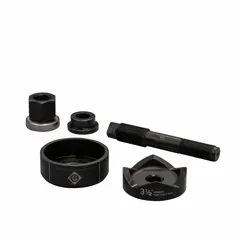 Round knockout punch and die set for creating clean holes in 10 ga steel sheet metal. Nominal size 4 1/64 in. Includes 2 in wrench. Plastic construction. Used for electrical enclosures, panel boxes, and junction boxes.