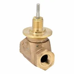 Bronze body globe valve with stainless steel stem and brass seat. Normally open (NO) with stem-down-to-close action. 1/2 in female NPT connection, CV flow 0.73. Used for modulating control of water flow in hydronic heating and cooling systems.