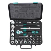 This 43-piece metric socket set includes a 3/8 in drive and sockets ranging from 6 mm to 24 mm, plus 18 bits. It features a friction locking mechanism for secure bit retention. Socket bits and wrenches are not included. Suitable for fastening and loosening metric bolts and nuts in automotive, machinery, and industrial applications