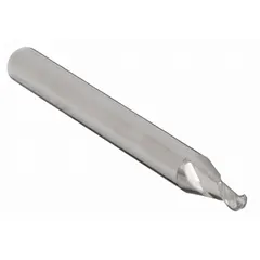 Solid carbide ball end mill with 1/32" mill diameter, 1/16" length of cut, 1-1/2" overall length, and 2 flutes. Designed for general-purpose contouring, profiling, and 3D machining in metals and plastics. Ball nose geometry enables smooth curved surfaces and fillets in applications such as mold making, die work, and precision engraving.