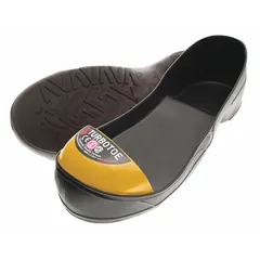 These unisex full-soled safety toe overshoes in size M (fits US 8–9) feature a steel toe cap and a chevron sole pattern in black/yellow. Designed to slip over regular shoes, they provide temporary foot protection in industrial settings such as factories, warehouses, and construction sites.