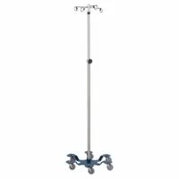 This standard IV pole is constructed from stainless steel for corrosion resistance. It features four hooks to support multiple IV bags and a six-leg base for stability. Suitable for use in medical environments for intravenous fluid administration