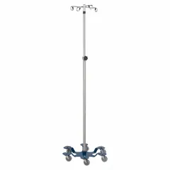 This standard IV pole is constructed from stainless steel for corrosion resistance. It features four hooks to support multiple IV bags and a six-leg base for stability. Suitable for use in medical environments for intravenous fluid administration.