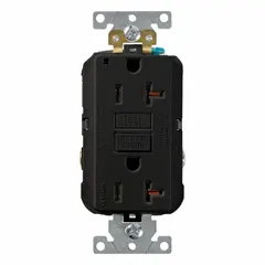 General purpose GFCI duplex receptacle rated 125V AC, 20 A, with 5-20 configuration. Black finish, 2 Pole / 3 Wire wiring. Provides ground-fault protection for personnel and equipment in wet or damp locations.