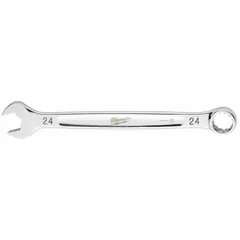 This MILWAUKEE combination wrench features a 24 mm 12-point box end and open end, with a chrome finish over steel. It is used for tightening or loosening metric fasteners in automotive repair, machinery maintenance, and industrial assembly. Overall length is 12-3/8 inches.