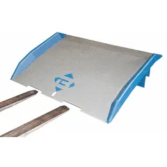 Steel dock board with diamond treadplate surface for traction. Overall length 36 in, width 60 in. Bridges gap between loading dock and truck or railcar for forklift and pallet jack access.
