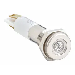 This LED indicator pilot light features a white LED with a flush head design and H08 body style. It connects via a 0.11 Male Quick Disconnect terminal. Suitable for use in industrial control panels and machinery to provide a clear visual status signal.