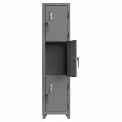 This wiring-ready full-height metal mobile-device locker is constructed from steel with a gray finish. It features 3 tiers and 3 lockers, each secured by an electronic keypad lock with a swing handle. The locker is freestanding and surface-mounted, supplied assembled. Typical applications include secure storage and charging of mobile devices in institutional settings.