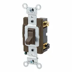 This 3-way toggle switch is used to control a single load from two locations, such as stairways or hallways. It is a maintained (non-momentary) switch rated for 15 amps at 120/277 volts AC. The brown finish suits standard wall plates. Non-illuminated design.