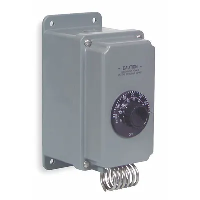 QMARK Line Volt Mechanical Tstat: Heat Only, Plastic, 40° to 100°F, 2.5°F - Weatherproof Single-Stage Controls