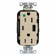 White decorator duplex hospital-grade receptacle rated 125V AC, 20 A with 5-20R configuration. Includes two USB ports (Type A and C) for device charging. Suitable for healthcare facilities and commercial spaces requiring combined AC power and USB charging.