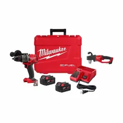 This cordless combination kit includes an M18 FUEL™ hammer drill and an M18 FUEL™ right angle drill. The hammer drill is suited for impact drilling in masonry and concrete, while the right angle drill provides access to confined spaces such as stud bays and electrical panels. Both tools operate on the M18™ battery platform for job-site mobility.