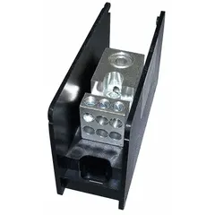 This open-style power distribution block features aluminum lugs for line side wire sizes from 6 AWG to 350 kcmil. It is designed for surface mounting and used to distribute a single power source to multiple branch circuits in industrial electrical panels.