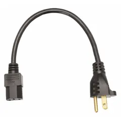 This power cord features a 5-15P plug and C13 receptacle, with a 1 ft length. It is constructed with an SJT PVC jacket and rated for 10 A current. Suitable for connecting electronic equipment to standard power outlets in confined spaces.