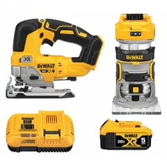 This cordless tool combination kit includes a 20 V DC jigsaw and one 20V MAX* XR® battery. The jigsaw is suited for cutting wood, metal, and plastic in construction, renovation, and maintenance tasks. The battery is part of the DEWALT 20V system, enabling interchangeability with other tools.