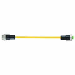 Double-ended cordset with 7/8" male straight and female straight connectors, 4 pins, and 3 m cable length. Features a yellow TPE jacket, 16 AWG wire, and IP68 rating for use in harsh industrial environments requiring moisture and abrasion resistance.
