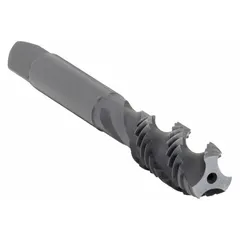 This spiral-flute tap is designed for threading blind holes in ferrous and non-ferrous materials. The spiral flute design evacuates chips upward, preventing clogging and ensuring clean threads. It features a 9/16"-12 UNC thread size, H3 / 3B tolerance, 3 flutes, and a semi-bottoming chamfer. Suitable for general manufacturing applications requiring blind hole threading.