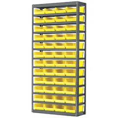 Steel frame shelving unit with 60 yellow polymer open-front shelf bins, each 4 in x 6-5/8 in x 11-5/8 in, arranged on 13 shelves. One-sided stationary design with gray frame. Suitable for organizing small parts and components in warehouses, manufacturing facilities, and maintenance shops.