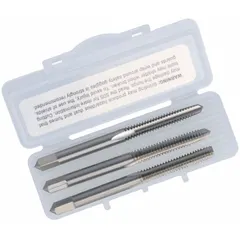 This three-piece hand tap set from CLE-LINE is designed for creating #5-40 UNC internal threads. Made from high-speed steel with a 3-flute design and H2 / 2B tolerance class, the set includes taps for both through-hole and blind-hole threading. Suitable for use in ferrous and non-ferrous materials, it is commonly employed in maintenance, repair, and production applications.