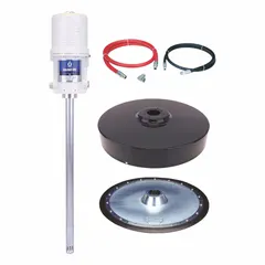 This pneumatic grease pump is designed for high-pressure lubrication in industrial settings. It transfers grease from drums to machinery, reducing manual effort and ensuring consistent lubricant delivery for equipment maintenance.