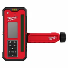 This laser level receiver and remote set includes a green receiver and green remote, powered by AA batteries. The plastic receiver clamp is included. Used for detecting and aligning laser beams from rotary lasers in construction and grading applications.