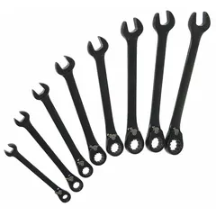 Alloy steel construction with black chrome finish. Set includes 8 SAE 12-point ratcheting combination wrenches ranging from 5/16 in to 3/4 in. Features offset and reversing functionality for improved access in confined spaces. Wrenches are stored in a tool roll for organization and portability. Suitable for tightening and loosening fasteners in automotive, machinery, and general assembly tasks.
