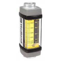 Variable area, inline flowmeter with scale display for measuring flow rate of petroleum fluids. Accuracy ±2%. Viton seals and O-rings. Universal mounting orientation. Measures in liters. No pressure gauge or flow adjustment knob.