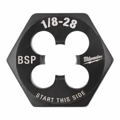 This hex pipe rethreading die is used to restore damaged or corroded external threads on pipes and fittings. It features a 1/8"-28 BSP thread size and a 1-inch hex width, constructed from black oxide carbon steel for corrosion resistance. Suitable for rethreading applications in plumbing, pneumatic, and hydraulic systems.