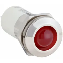 LED indicator pilot light with a red raised head for clear visual status indication. Features a 16 mm panel mounting hole diameter and M16 thread. Electrical connection via 0.11 male quick disconnect. Suitable for industrial control panels and machinery requiring a compact pilot light.
