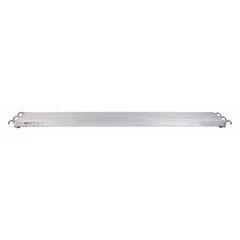Silver aluminum platform from the Series 7100, with aluminum deck and frame. Includes wind latches for securing the plank. Used as a walking and working surface in scaffolding systems for construction, maintenance, and industrial applications.