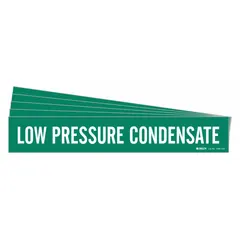Green adhesive pipe marker with white legend reading 'Low Pressure Condensate'. Designed for pipes with an outer diameter of 8 inches and larger. Suitable for identifying condensate return lines in steam and HVAC systems. Pack of 5, without directional arrows.