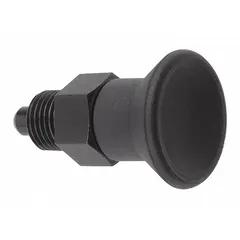 This indexing plunger features a steel body with M20x1.5 thread and a pull-knob for manual retraction. Nose force ranges from 15 N to 32 N. Used for precise positioning and locking of moving parts in jigs, fixtures, and assembly lines.