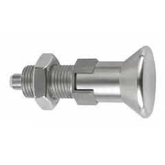 This locking indexing plunger features a pull-knob design for manual retraction and a jam nut for secure mounting. Constructed of stainless steel with a 1"-8 thread, it provides a nose force range of 20 N to 46 N. Used in jigs, fixtures, and assembly lines for precise positioning and locking of moving parts.