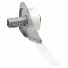 Clear gloss thermal transfer precut label roll for industrial identification. Label height 13/64 in, width 11/32 in, roll length 13/64 in. Compatible with BMP71 printer series. Used for wire, component, and panel marking in electrical and maintenance applications.