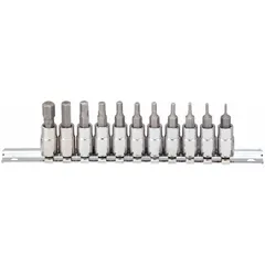 This 25-piece hex bit socket set includes 11 SAE sizes from 1/16 in to 5/16 in, with a 1/4 in drive size. Each bit has an overall length of 1 37/64 in and features a fixed insert design. Suitable for driving hex fasteners in assembly, maintenance, and repair tasks.