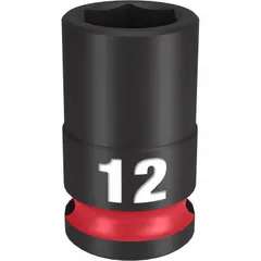 This 3/8" drive impact socket features a 12 mm metric size with a 6-point configuration. Designed for use with impact wrenches, it is suitable for fastening and loosening nuts and bolts in automotive, construction, and industrial applications.