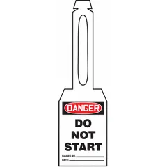 White single-part danger tags with attached strap, size #7. Each pack contains 25 tags. Legend is printed on one side only. Used in lockout/tagout procedures to indicate equipment status and prevent unauthorized operation during maintenance.