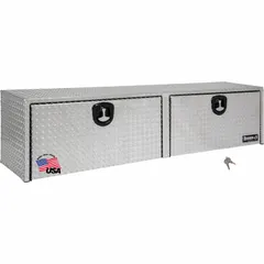 Double drop-down door topside box with T-handle compression lid and keyed lock. Finished in silver. Provides secure, organized storage for tools and equipment on service trucks, protecting contents from weather and theft.