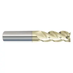 Carbide corner-radius end mill with ZrN coating and three flutes. Mill diameter is 3/16" with a 1-1/8" length of cut. Designed for machining aluminum and non-ferrous materials, the corner radius reduces chipping and improves surface finish in profiling and finishing operations.